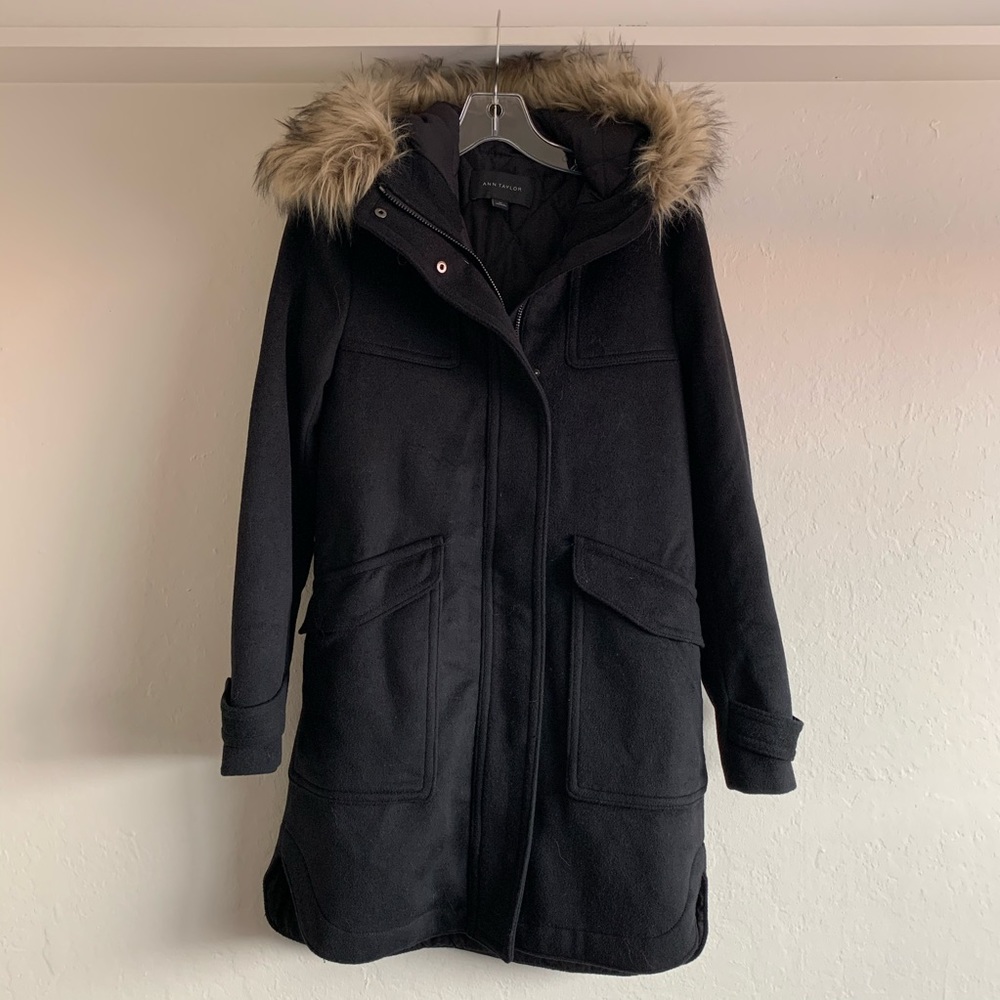 Faux fur hooded coat with front pockets